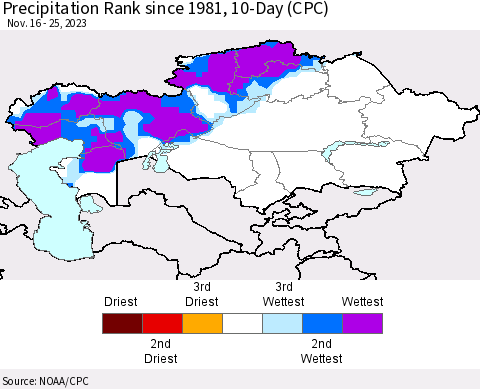 Kazakhstan Precipitation Rank since 1981, 10-Day (CPC) Thematic Map For 11/16/2023 - 11/25/2023