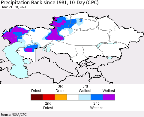 Kazakhstan Precipitation Rank since 1981, 10-Day (CPC) Thematic Map For 11/21/2023 - 11/30/2023