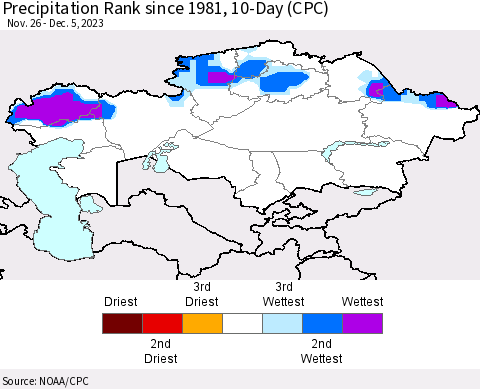 Kazakhstan Precipitation Rank since 1981, 10-Day (CPC) Thematic Map For 11/26/2023 - 12/5/2023