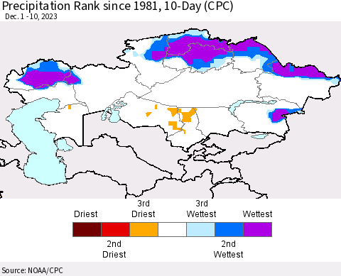 Kazakhstan Precipitation Rank since 1981, 10-Day (CPC) Thematic Map For 12/1/2023 - 12/10/2023