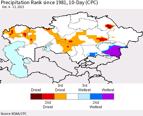 Kazakhstan Precipitation Rank since 1981, 10-Day (CPC) Thematic Map For 12/6/2023 - 12/15/2023