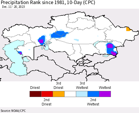 Kazakhstan Precipitation Rank since 1981, 10-Day (CPC) Thematic Map For 12/11/2023 - 12/20/2023