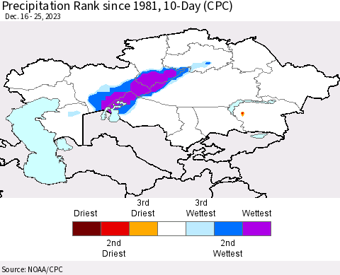 Kazakhstan Precipitation Rank since 1981, 10-Day (CPC) Thematic Map For 12/16/2023 - 12/25/2023