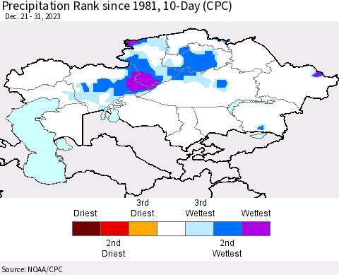 Kazakhstan Precipitation Rank since 1981, 10-Day (CPC) Thematic Map For 12/21/2023 - 12/31/2023