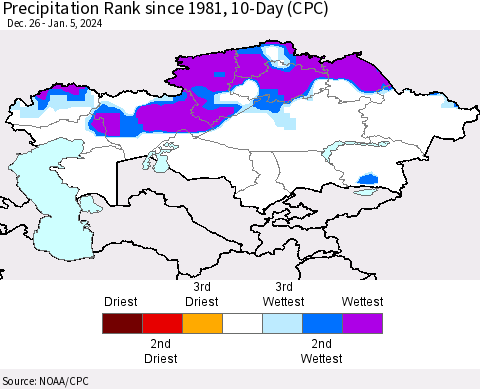 Kazakhstan Precipitation Rank since 1981, 10-Day (CPC) Thematic Map For 12/26/2023 - 1/5/2024