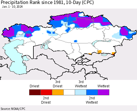 Kazakhstan Precipitation Rank since 1981, 10-Day (CPC) Thematic Map For 1/1/2024 - 1/10/2024