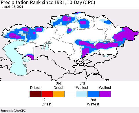 Kazakhstan Precipitation Rank since 1981, 10-Day (CPC) Thematic Map For 1/6/2024 - 1/15/2024