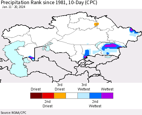 Kazakhstan Precipitation Rank since 1981, 10-Day (CPC) Thematic Map For 1/11/2024 - 1/20/2024