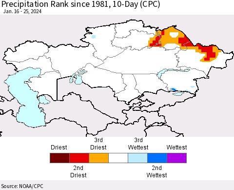 Kazakhstan Precipitation Rank since 1981, 10-Day (CPC) Thematic Map For 1/16/2024 - 1/25/2024
