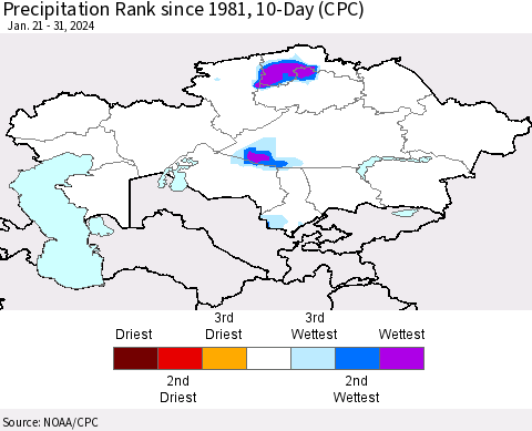 Kazakhstan Precipitation Rank since 1981, 10-Day (CPC) Thematic Map For 1/21/2024 - 1/31/2024