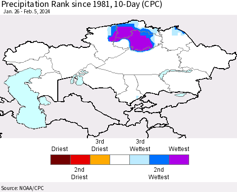 Kazakhstan Precipitation Rank since 1981, 10-Day (CPC) Thematic Map For 1/26/2024 - 2/5/2024