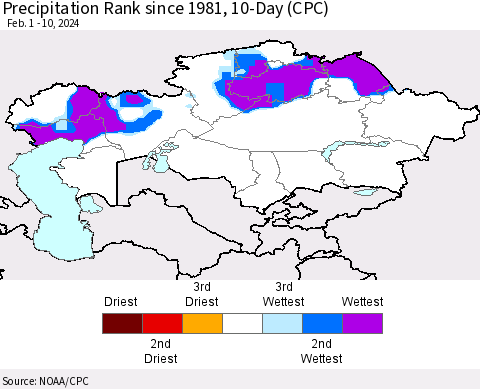 Kazakhstan Precipitation Rank since 1981, 10-Day (CPC) Thematic Map For 2/1/2024 - 2/10/2024