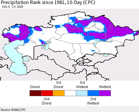 Kazakhstan Precipitation Rank since 1981, 10-Day (CPC) Thematic Map For 2/6/2024 - 2/15/2024