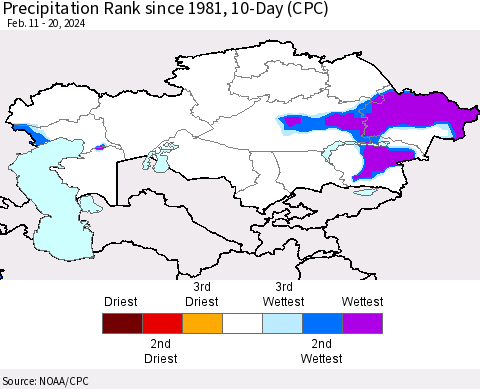 Kazakhstan Precipitation Rank since 1981, 10-Day (CPC) Thematic Map For 2/11/2024 - 2/20/2024