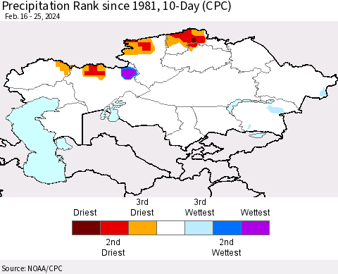 Kazakhstan Precipitation Rank since 1981, 10-Day (CPC) Thematic Map For 2/16/2024 - 2/25/2024
