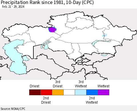 Kazakhstan Precipitation Rank since 1981, 10-Day (CPC) Thematic Map For 2/21/2024 - 2/29/2024