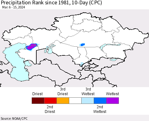 Kazakhstan Precipitation Rank since 1981, 10-Day (CPC) Thematic Map For 3/6/2024 - 3/15/2024