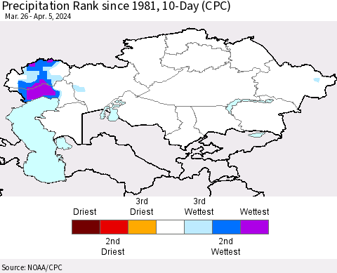Kazakhstan Precipitation Rank since 1981, 10-Day (CPC) Thematic Map For 3/26/2024 - 4/5/2024