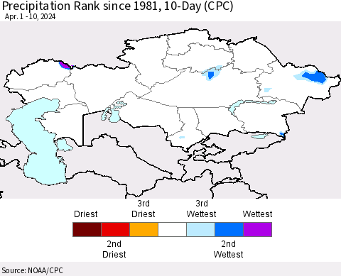 Kazakhstan Precipitation Rank since 1981, 10-Day (CPC) Thematic Map For 4/1/2024 - 4/10/2024