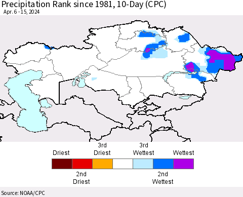 Kazakhstan Precipitation Rank since 1981, 10-Day (CPC) Thematic Map For 4/6/2024 - 4/15/2024