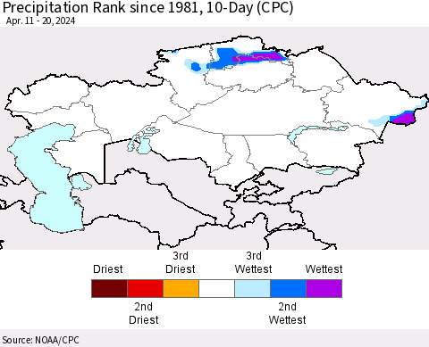 Kazakhstan Precipitation Rank since 1981, 10-Day (CPC) Thematic Map For 4/11/2024 - 4/20/2024