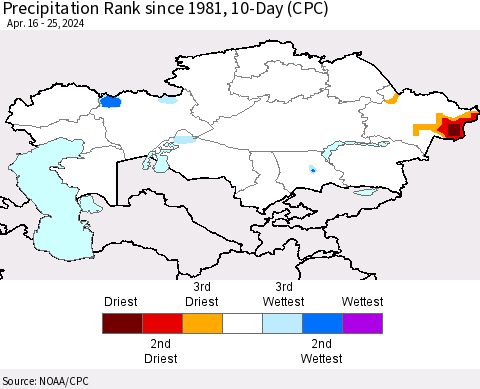 Kazakhstan Precipitation Rank since 1981, 10-Day (CPC) Thematic Map For 4/16/2024 - 4/25/2024