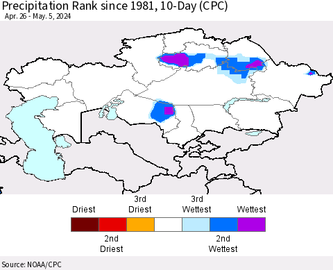 Kazakhstan Precipitation Rank since 1981, 10-Day (CPC) Thematic Map For 4/26/2024 - 5/5/2024
