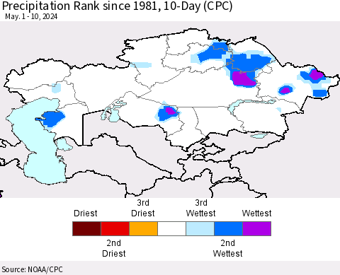 Kazakhstan Precipitation Rank since 1981, 10-Day (CPC) Thematic Map For 5/1/2024 - 5/10/2024