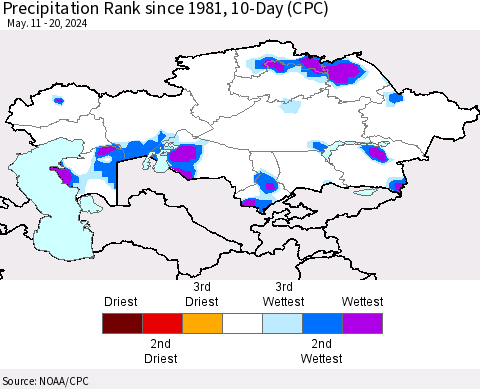 Kazakhstan Precipitation Rank since 1981, 10-Day (CPC) Thematic Map For 5/11/2024 - 5/20/2024