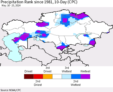 Kazakhstan Precipitation Rank since 1981, 10-Day (CPC) Thematic Map For 5/16/2024 - 5/25/2024