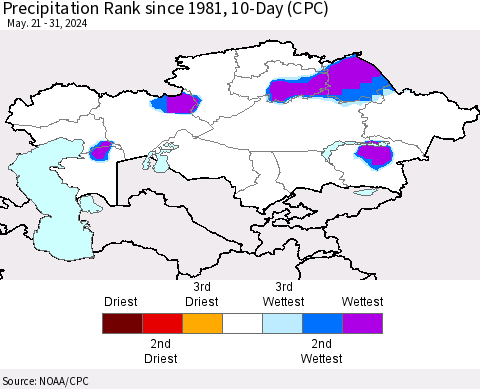 Kazakhstan Precipitation Rank since 1981, 10-Day (CPC) Thematic Map For 5/21/2024 - 5/31/2024