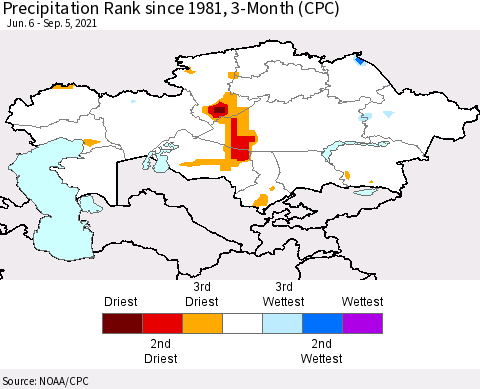 Kazakhstan Precipitation Rank since 1981, 3-Month (CPC) Thematic Map For 6/6/2021 - 9/5/2021