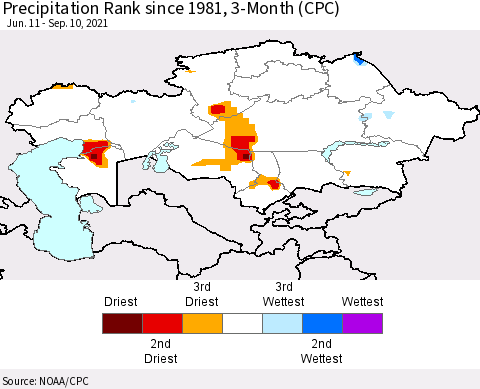 Kazakhstan Precipitation Rank since 1981, 3-Month (CPC) Thematic Map For 6/11/2021 - 9/10/2021