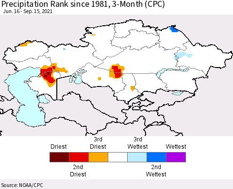 Kazakhstan Precipitation Rank since 1981, 3-Month (CPC) Thematic Map For 6/16/2021 - 9/15/2021