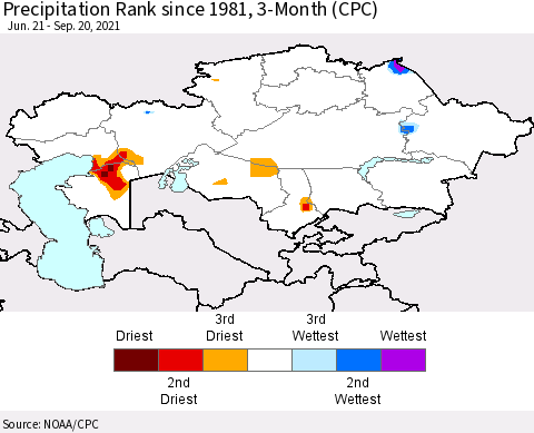 Kazakhstan Precipitation Rank since 1981, 3-Month (CPC) Thematic Map For 6/21/2021 - 9/20/2021