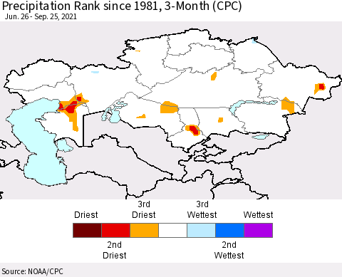 Kazakhstan Precipitation Rank since 1981, 3-Month (CPC) Thematic Map For 6/26/2021 - 9/25/2021