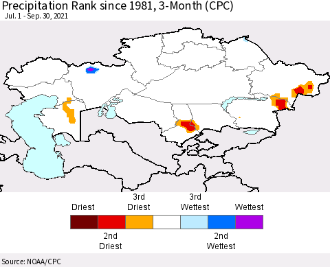 Kazakhstan Precipitation Rank since 1981, 3-Month (CPC) Thematic Map For 7/1/2021 - 9/30/2021