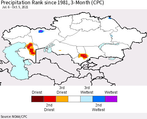 Kazakhstan Precipitation Rank since 1981, 3-Month (CPC) Thematic Map For 7/6/2021 - 10/5/2021