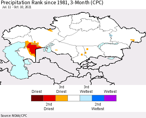 Kazakhstan Precipitation Rank since 1981, 3-Month (CPC) Thematic Map For 7/11/2021 - 10/10/2021