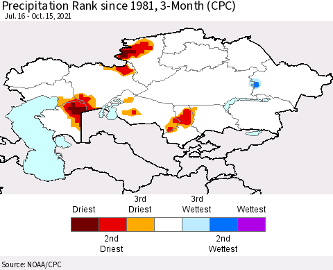 Kazakhstan Precipitation Rank since 1981, 3-Month (CPC) Thematic Map For 7/16/2021 - 10/15/2021