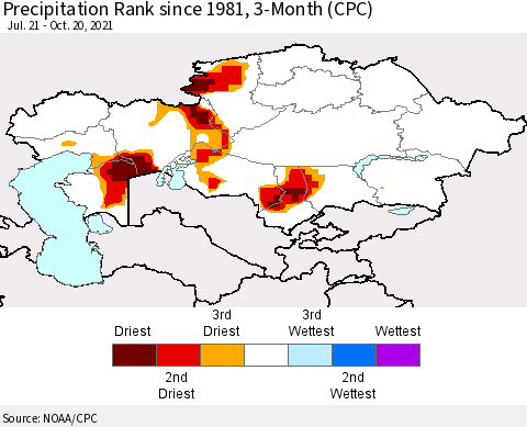 Kazakhstan Precipitation Rank since 1981, 3-Month (CPC) Thematic Map For 7/21/2021 - 10/20/2021