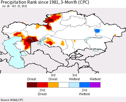 Kazakhstan Precipitation Rank since 1981, 3-Month (CPC) Thematic Map For 7/26/2021 - 10/25/2021
