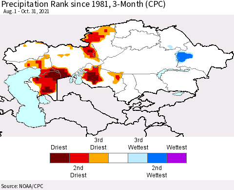 Kazakhstan Precipitation Rank since 1981, 3-Month (CPC) Thematic Map For 8/1/2021 - 10/31/2021