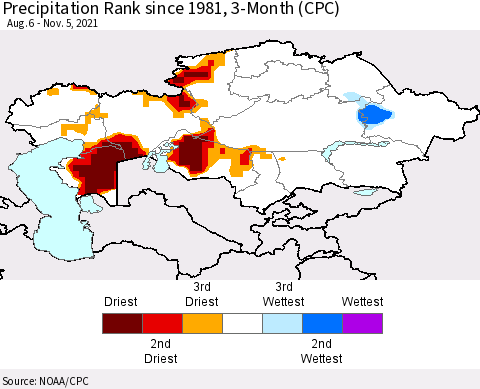 Kazakhstan Precipitation Rank since 1981, 3-Month (CPC) Thematic Map For 8/6/2021 - 11/5/2021
