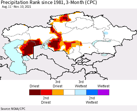 Kazakhstan Precipitation Rank since 1981, 3-Month (CPC) Thematic Map For 8/11/2021 - 11/10/2021