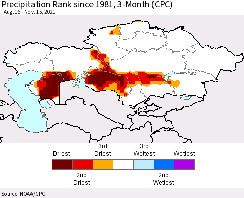 Kazakhstan Precipitation Rank since 1981, 3-Month (CPC) Thematic Map For 8/16/2021 - 11/15/2021