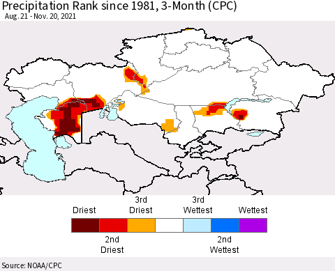 Kazakhstan Precipitation Rank since 1981, 3-Month (CPC) Thematic Map For 8/21/2021 - 11/20/2021