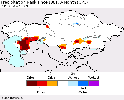 Kazakhstan Precipitation Rank since 1981, 3-Month (CPC) Thematic Map For 8/26/2021 - 11/25/2021