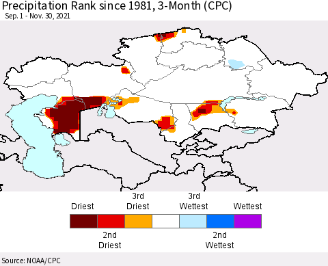 Kazakhstan Precipitation Rank since 1981, 3-Month (CPC) Thematic Map For 9/1/2021 - 11/30/2021