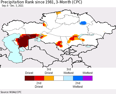 Kazakhstan Precipitation Rank since 1981, 3-Month (CPC) Thematic Map For 9/6/2021 - 12/5/2021
